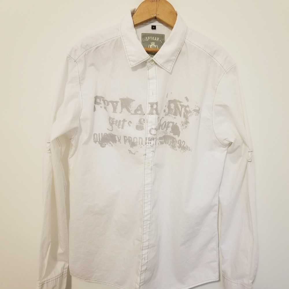 Mens white button down Spykar shirt front graphics